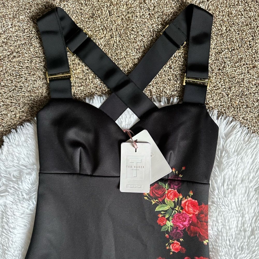 Ted Baker Dress Meric Juxtapose Rose Midi New Black Red Adjustable Straps Size 4 - Picture 5 of 14
